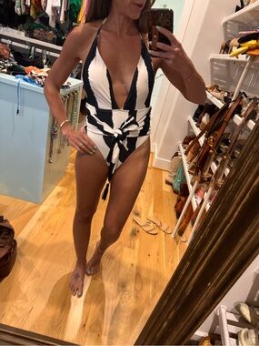 Black & White Striped Tie-Front One-Piece Swimsuit - Swim